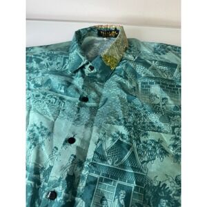 Vintage Thai Silk By Siew Chang Green Oriental Button Up Shirt Size XL Asian